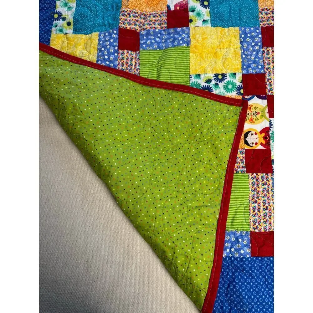 Handmade Baby Quilt Vibrant Colors Excellent condition Block Lime Green Red Blue
